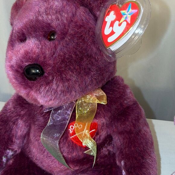 TY Signature Bear 2000 Beanie Baby & Beanie Buddy Set – Millennium Burgundy Plus - Picture 2 of 10